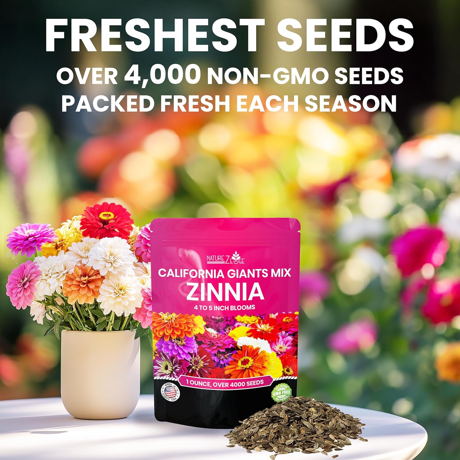 NatureZ Edge Zinnia Seeds for 2026 Planting Outdoors, Over 4000 Flower Seeds, 1 Oz, Non GMO Made in USA, Bulk Semillas De Flores para Sembrar, California Giants, Easy to Grow Zinnia Seed Mix - Image 2