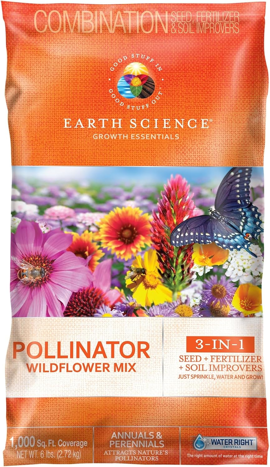 Earth Science Wildflower Pollinator Mix - 6lb, Over 56,000 Seeds, 3-in-1 Mix of Wildflower Seeds, Plant Food, & Soil Conditioners for Bees, Hummingbirds, Butterflies, Non-GMO, Up to 1,000 Sq. Ft.