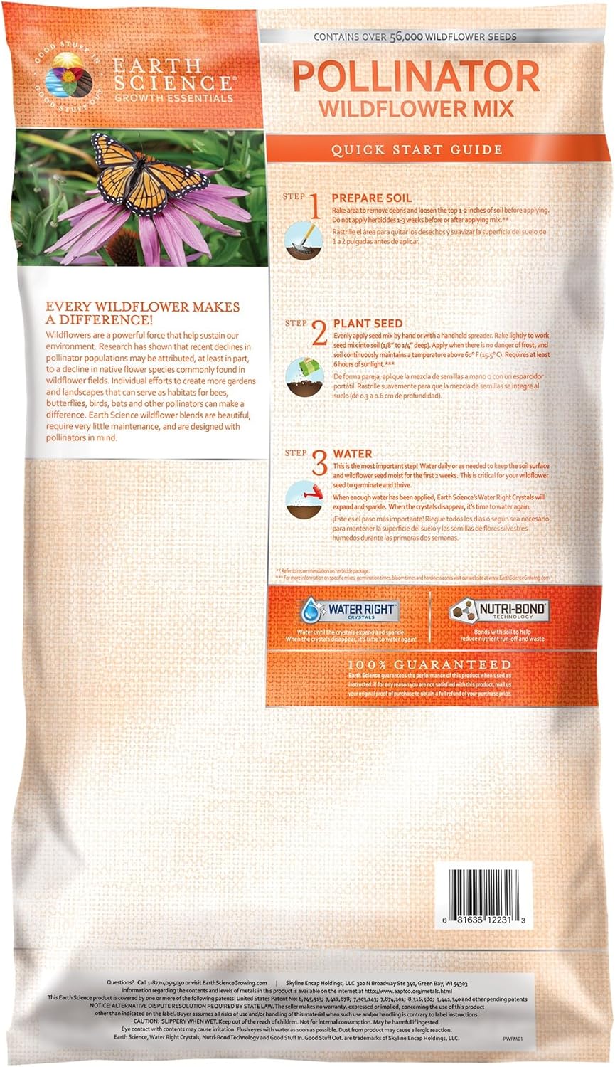 Earth Science Wildflower Pollinator Mix - 6lb, Over 56,000 Seeds, 3-in-1 Mix of Wildflower Seeds, Plant Food, & Soil Conditioners for Bees, Hummingbirds, Butterflies, Non-GMO, Up to 1,000 Sq. Ft. - Image 2