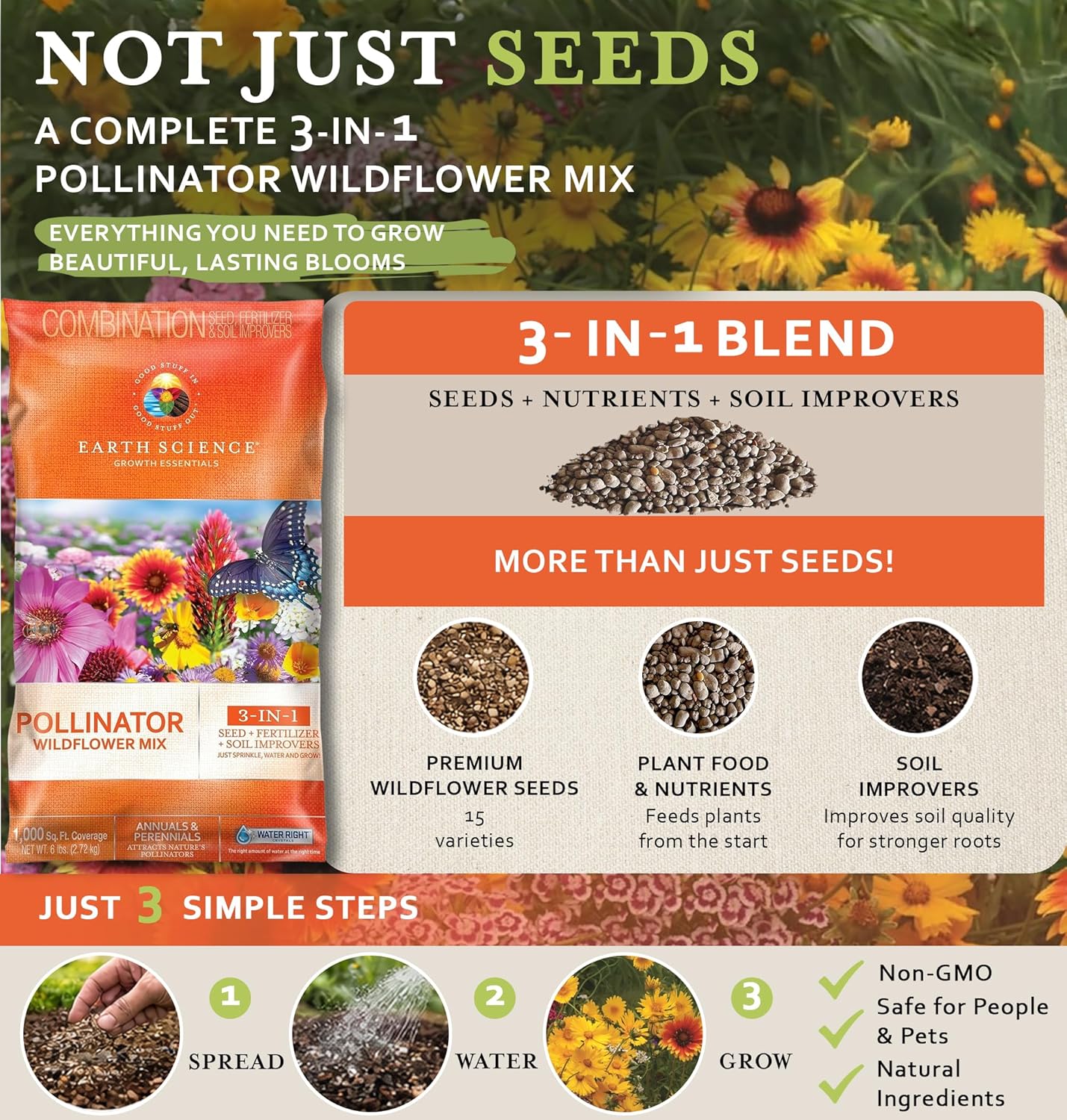 Earth Science Wildflower Pollinator Mix - 6lb, Over 56,000 Seeds, 3-in-1 Mix of Wildflower Seeds, Plant Food, & Soil Conditioners for Bees, Hummingbirds, Butterflies, Non-GMO, Up to 1,000 Sq. Ft. - Image 3
