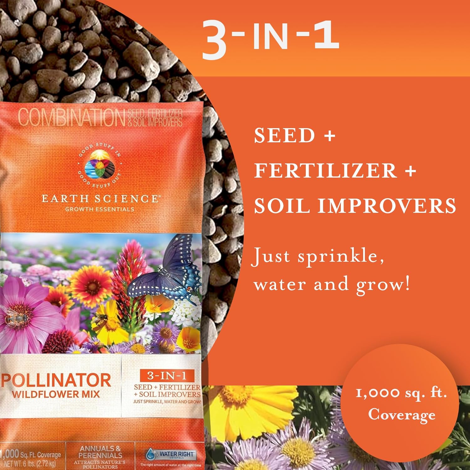 Earth Science Wildflower Pollinator Mix - 6lb, Over 56,000 Seeds, 3-in-1 Mix of Wildflower Seeds, Plant Food, & Soil Conditioners for Bees, Hummingbirds, Butterflies, Non-GMO, Up to 1,000 Sq. Ft. - Image 5