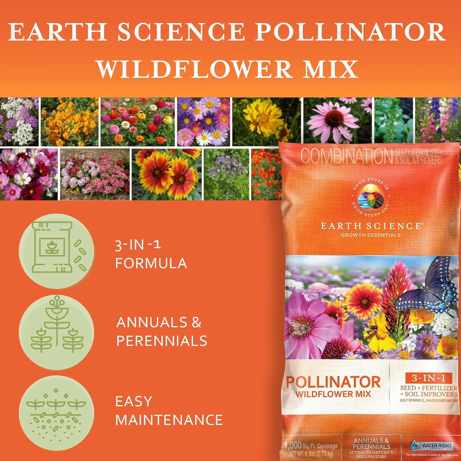 Earth Science Wildflower Pollinator Mix - 6lb, Over 56,000 Seeds, 3-in-1 Mix of Wildflower Seeds, Plant Food, & Soil Conditioners for Bees, Hummingbirds, Butterflies, Non-GMO, Up to 1,000 Sq. Ft. - Image 7