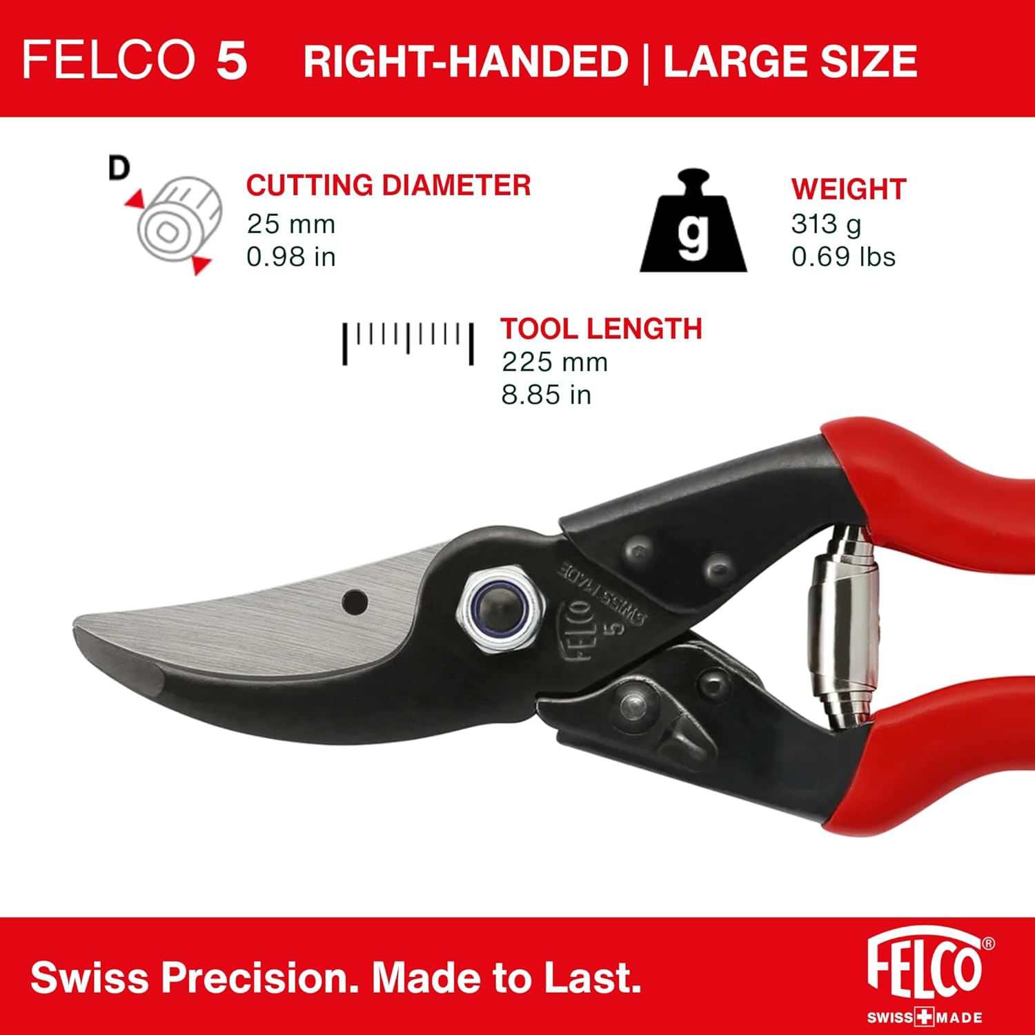 Felco F5 Pruning Shears – 8.9" All Steel Large Swiss-Made Garden Clippers| Hand Pruners for Garden & Landscape | Garden Tool Cutter with Precision Bypass Blade, Forged Aluminum Body, Replaceable Parts - Image 3