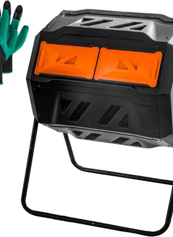 Hourleey Compost Bin Outdoor, 43 Gallon Dual Chamber Tumbling Composting Bin with Sliding Doors, Tumbler Rotating Batch Composter Bin for Garden Kitchen Yard
